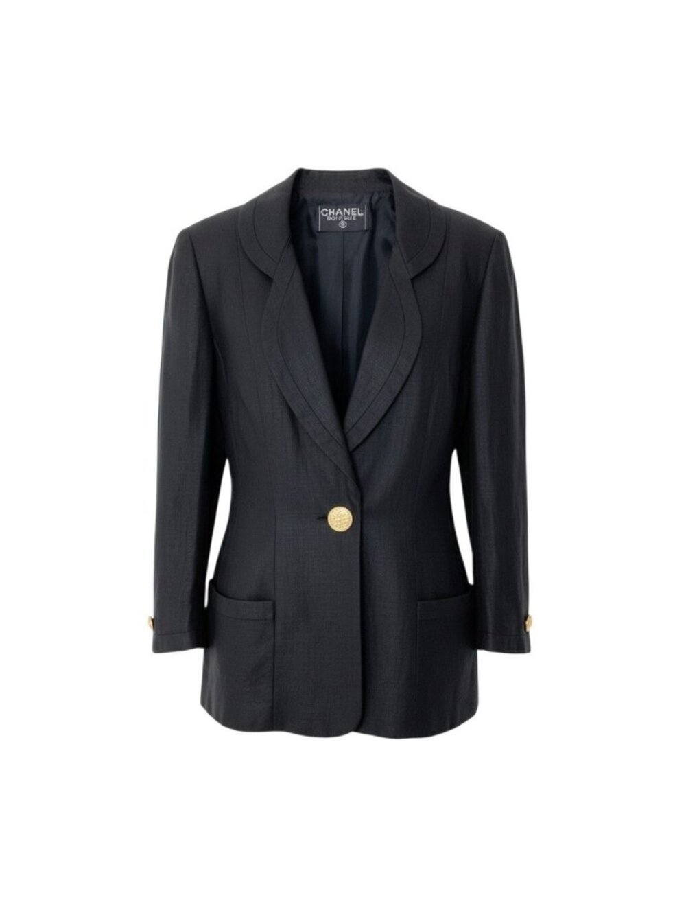 Chanel Boutique Tailored Jacket Gold Button Lining CC Logo Black